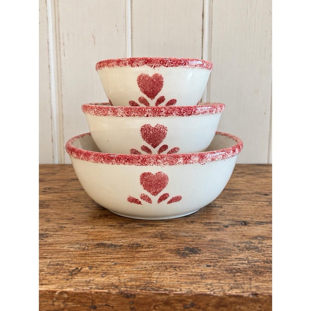 3 Pc Pink Heart Sponge Ware Ceramic Mixing Bowls Cottage Country Kitchen 90's